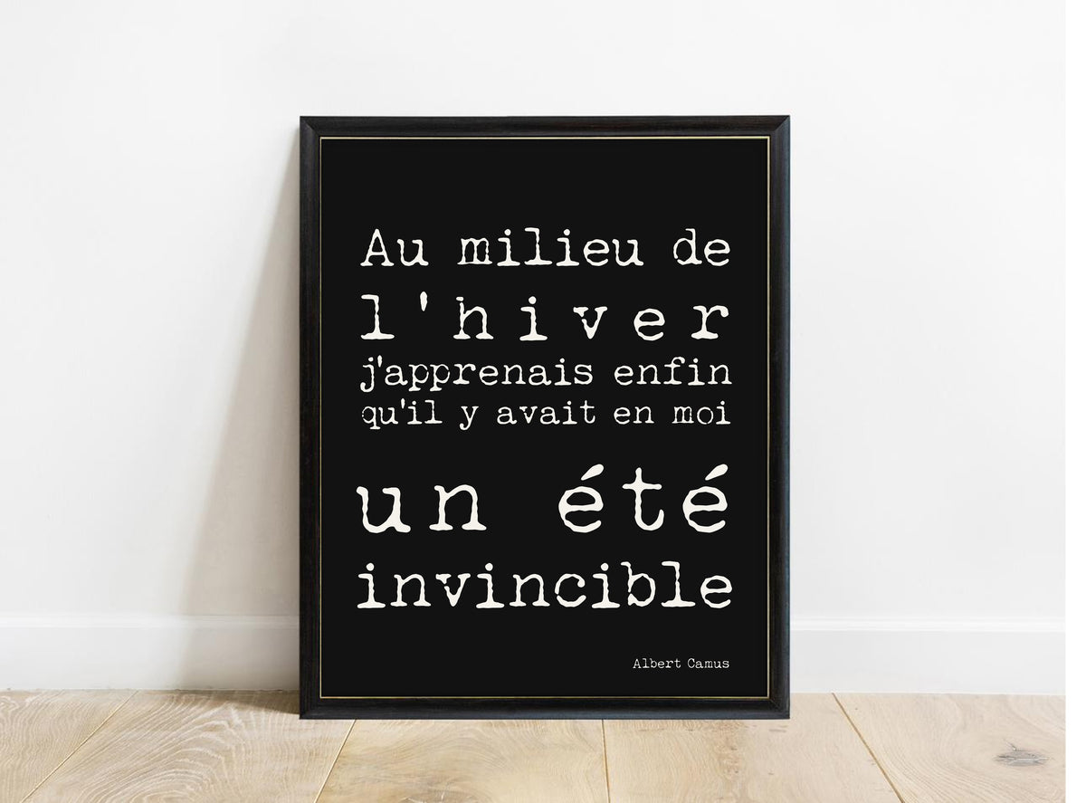 Albert Camus Un Ete Invincible French typewriter print in a black frame, black background