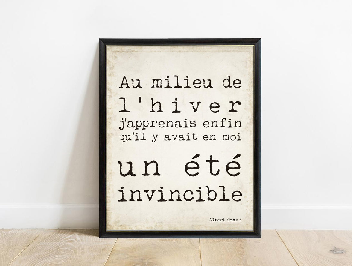 Albert Camus Un Ete Invincible French typewriter print in a black frame, vintage background