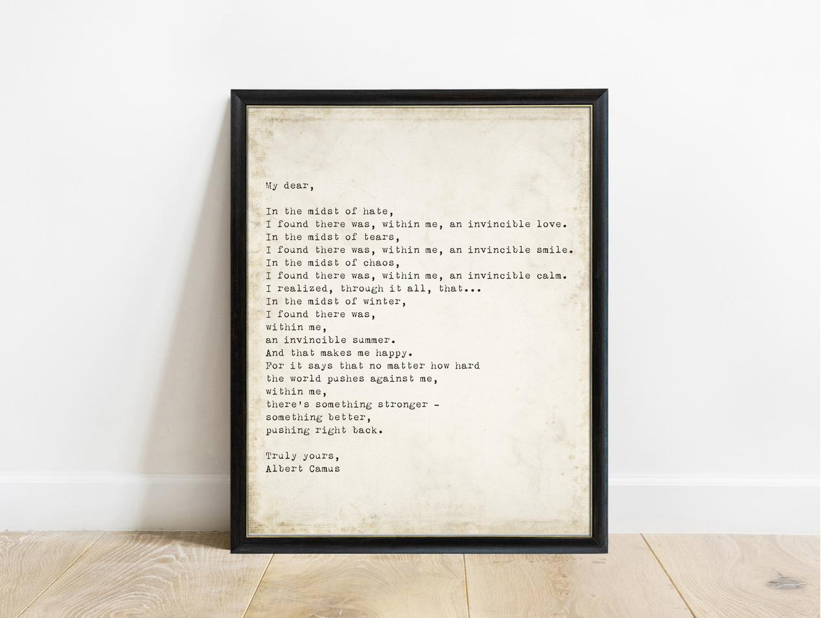 Albert Camus My Dear typewriter letter print in a black frame, vintage background
