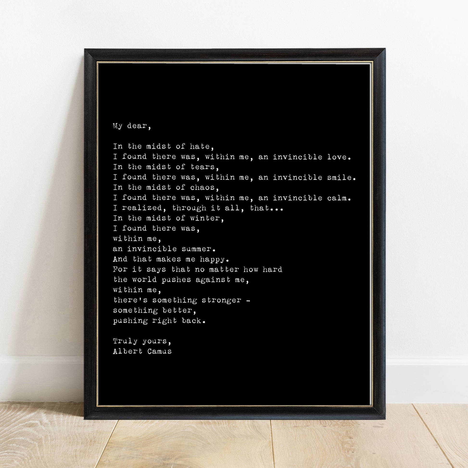 My dear Albert Camus letter print in a black frame, black background