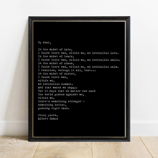 My dear Albert Camus letter print in a black frame, black background
