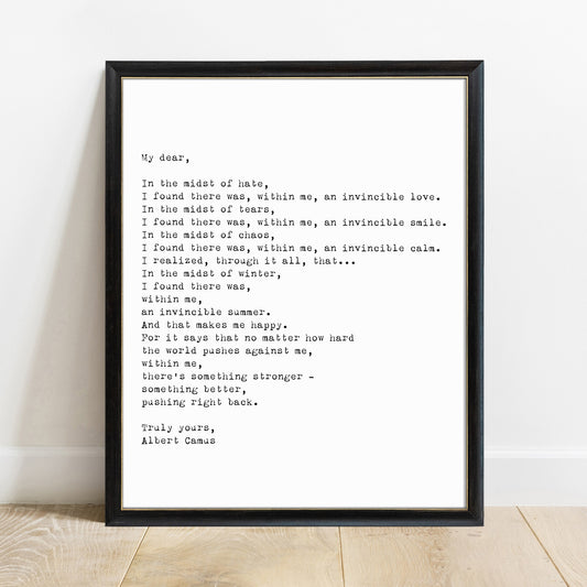 Albert Camus invincible summer letter print in a black frame, white background