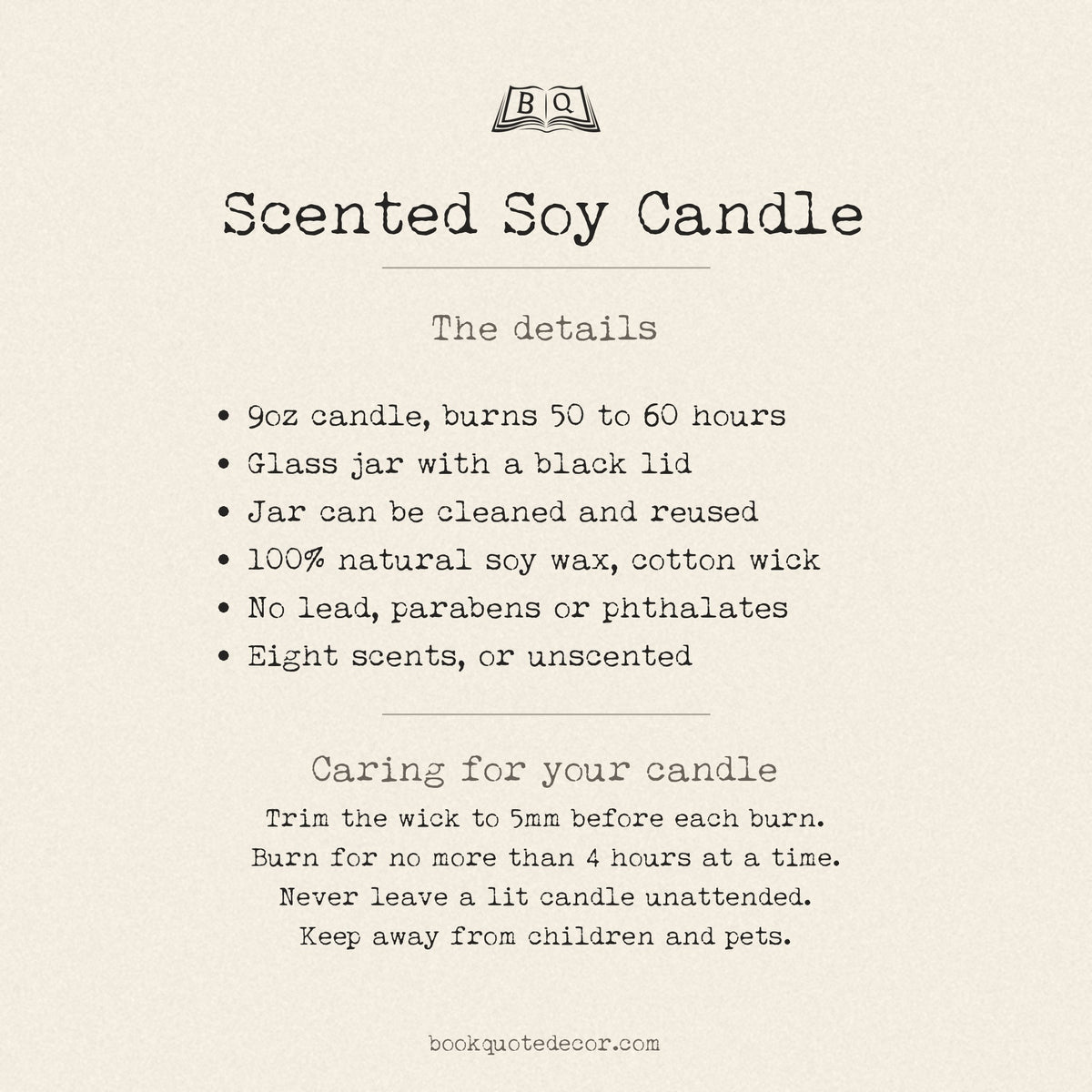 Scented soy candle details: 9oz, burns 50 to 60 hours, glass jar with black lid, natural soy wax