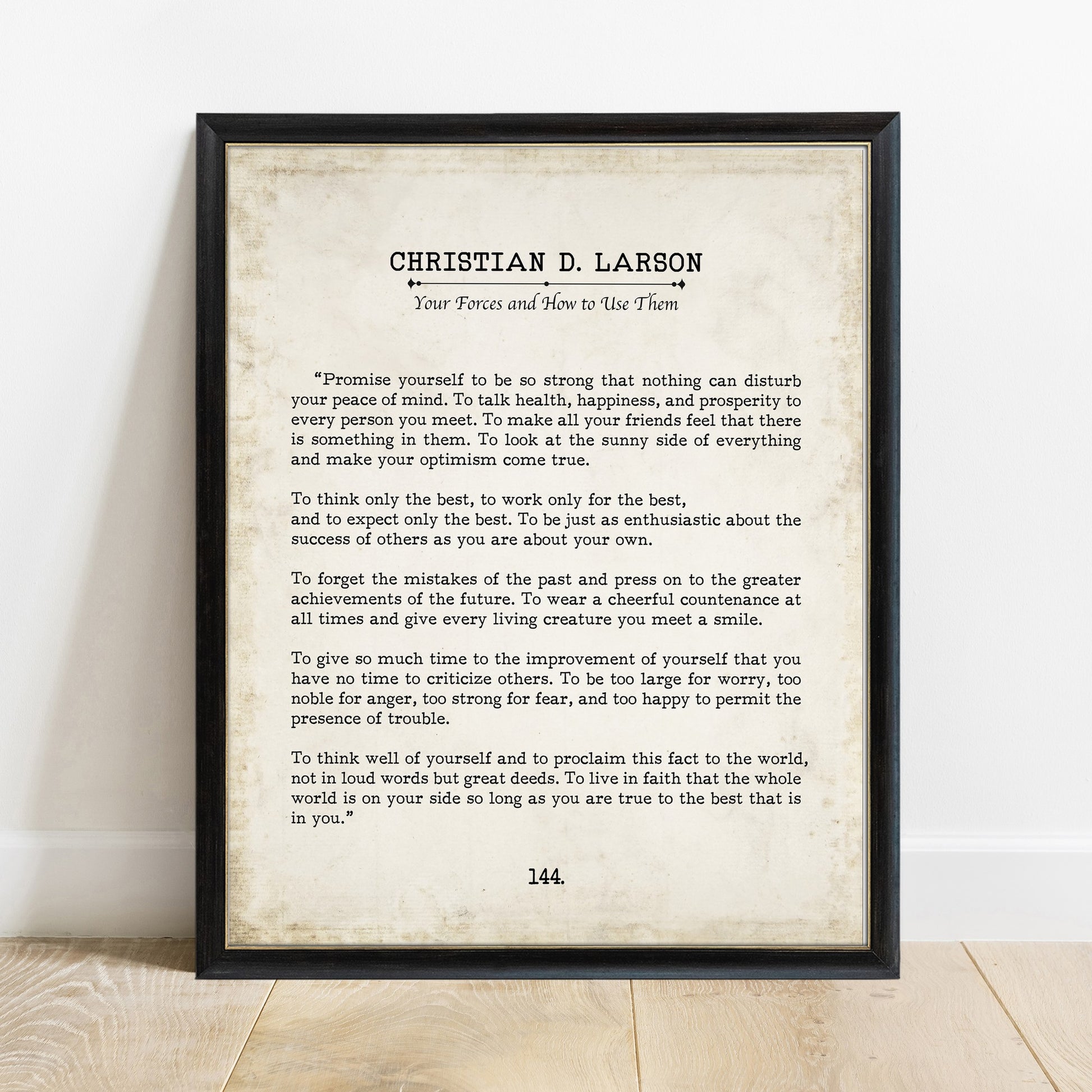 The Optimist's Creed Promise Yourself vintage book page print in a black frame