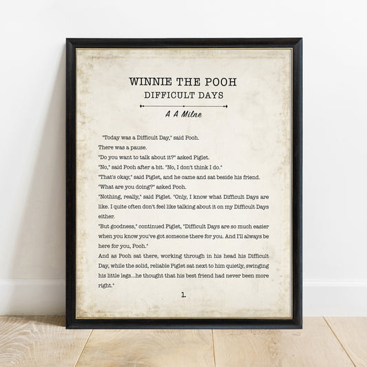 Winnie the Pooh Difficult Days vintage book page print in a black frame