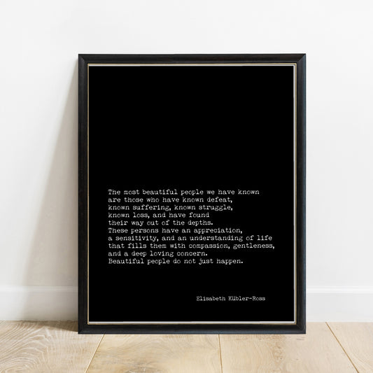Elisabeth Kübler-Ross The Most Beautiful People typewriter print in a black frame, black background