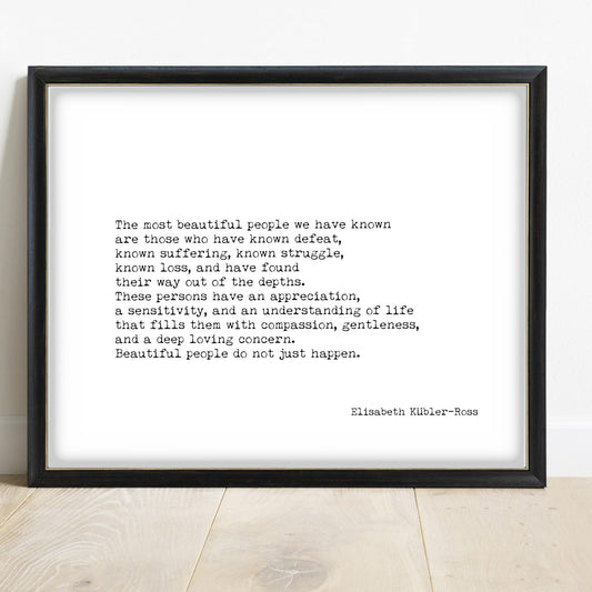 Elisabeth Kübler-Ross The Most Beautiful People landscape typewriter print in a black frame, white background