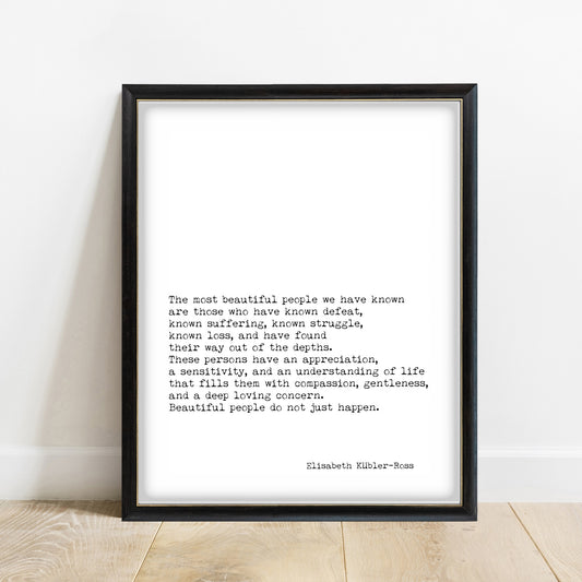 Elisabeth Kübler-Ross The Most Beautiful People typewriter print in a black frame, white background