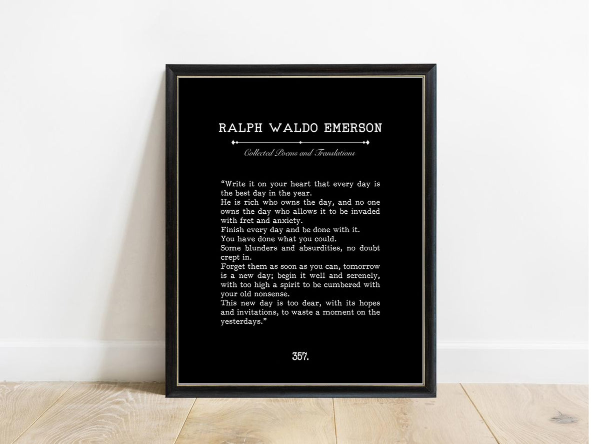 Ralph Waldo Emerson Every Day Is the Best Day book page print in a black frame, black background