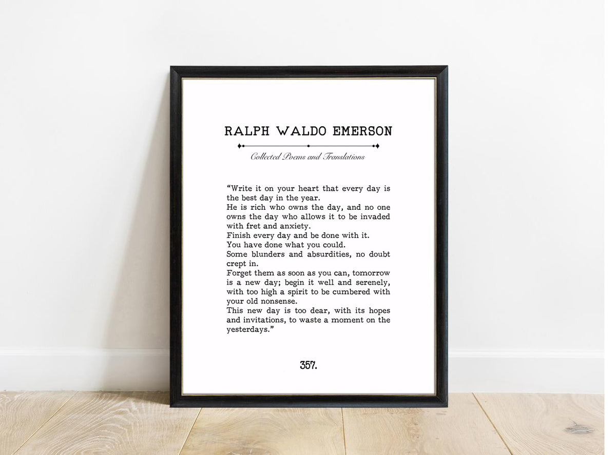 Ralph Waldo Emerson Every Day Is the Best Day book page print in a black frame, white background