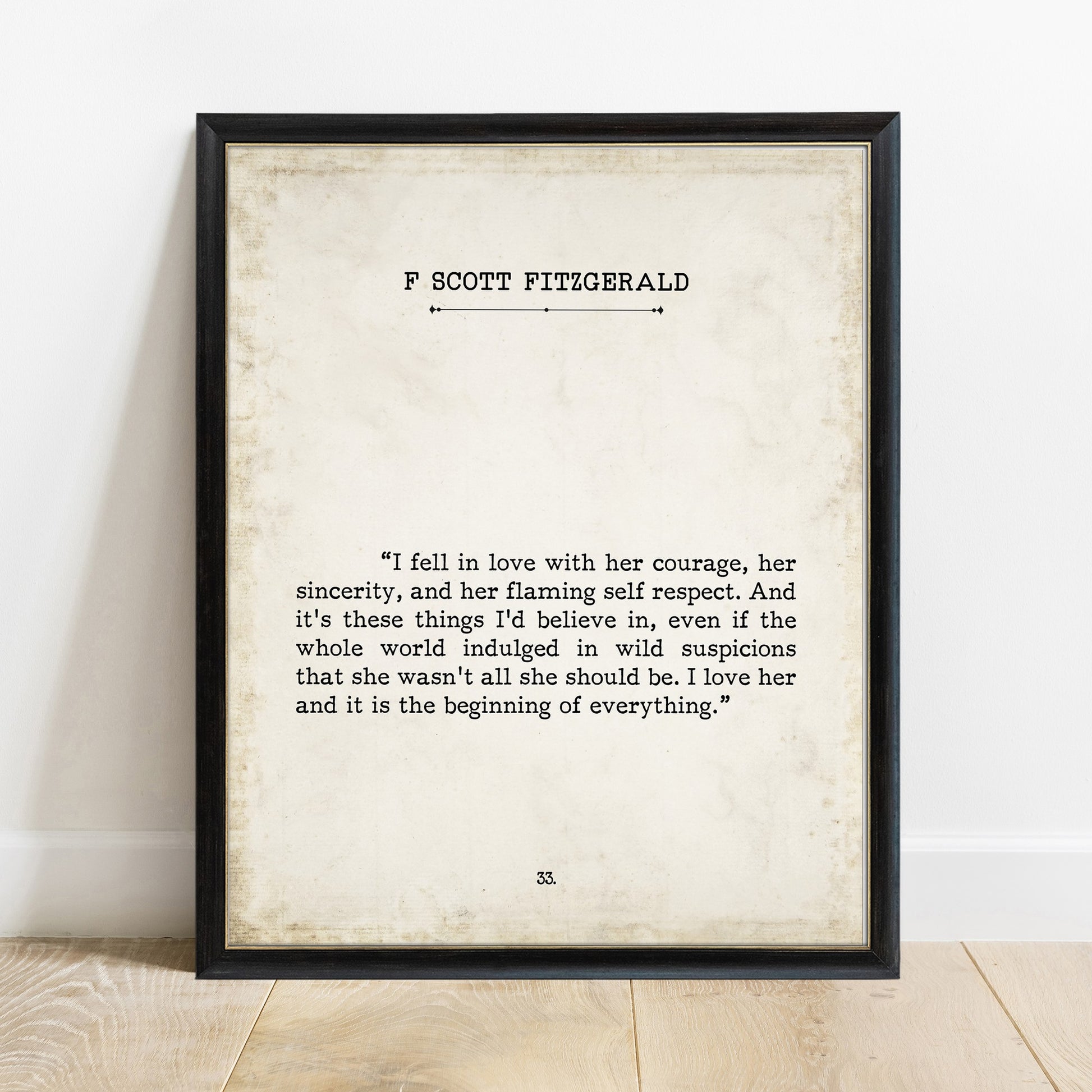 F. Scott Fitzgerald I fell in love with her courage vintage book page print in a black frame