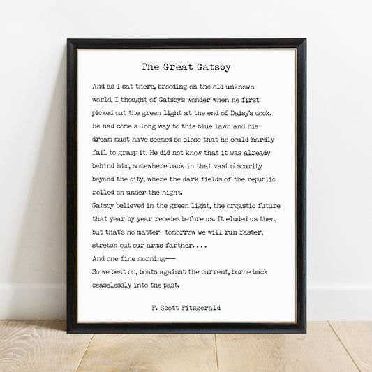 The Great Gatsby last page quote print, white background, black frame