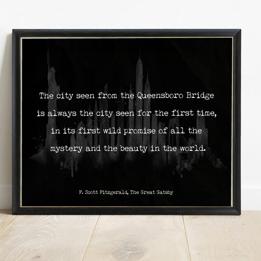 The Great Gatsby Queensboro Bridge quote print, black background, black frame