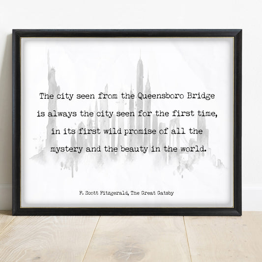 The Great Gatsby Queensboro Bridge quote print, white background, black frame