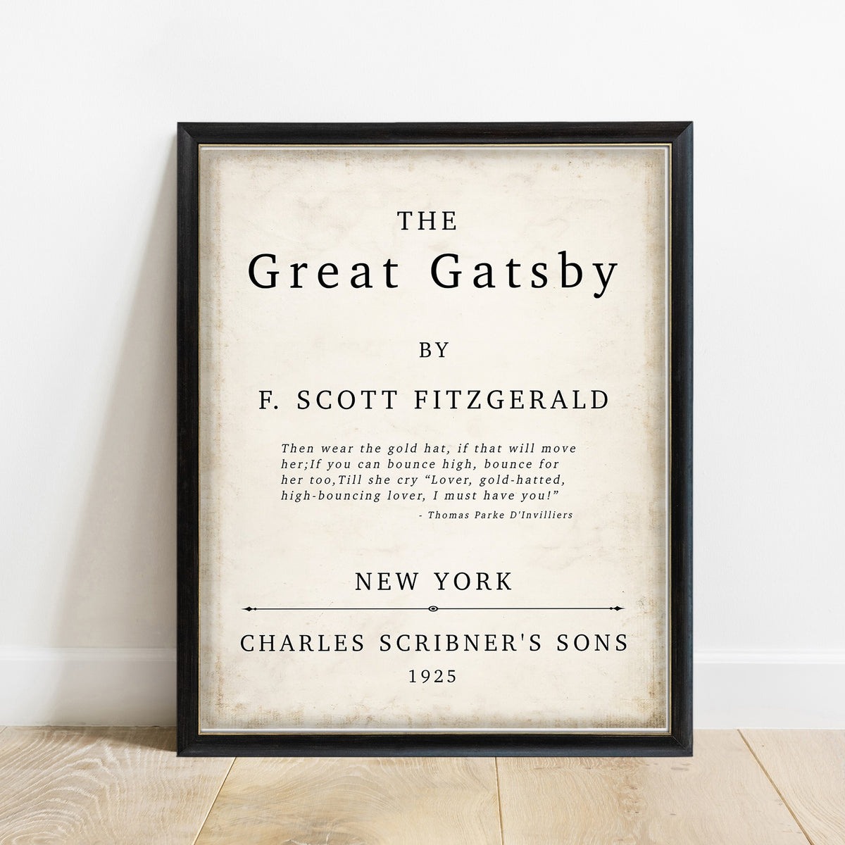 The Great Gatsby 1925 title page print, vintage background, black frame