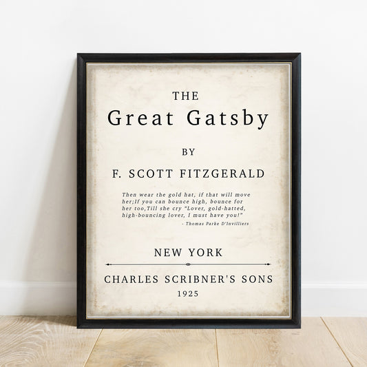 The Great Gatsby 1925 title page print, vintage background, black frame