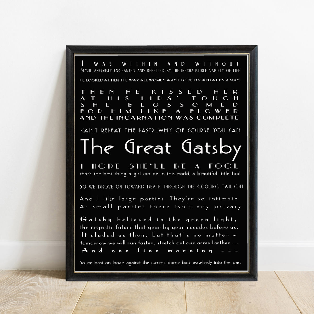 The Great Gatsby quotes poster art deco print, black background, black frame
