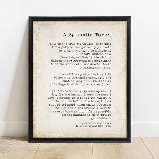 George Bernard Shaw Splendid Torch vintage book page print in a black frame