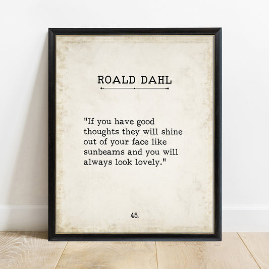 Roald Dahl Good Thoughts vintage book page print in a black frame
