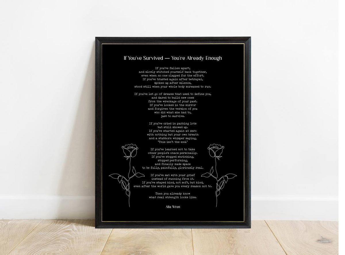 Alta Wren If You've Survived poem print in a black frame, black background