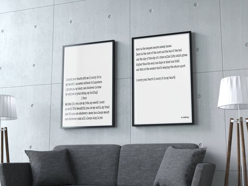 Printable Wall Art i carry your heart love poem prints set of 2, ee cummings art, instant download wedding poem in black & white
