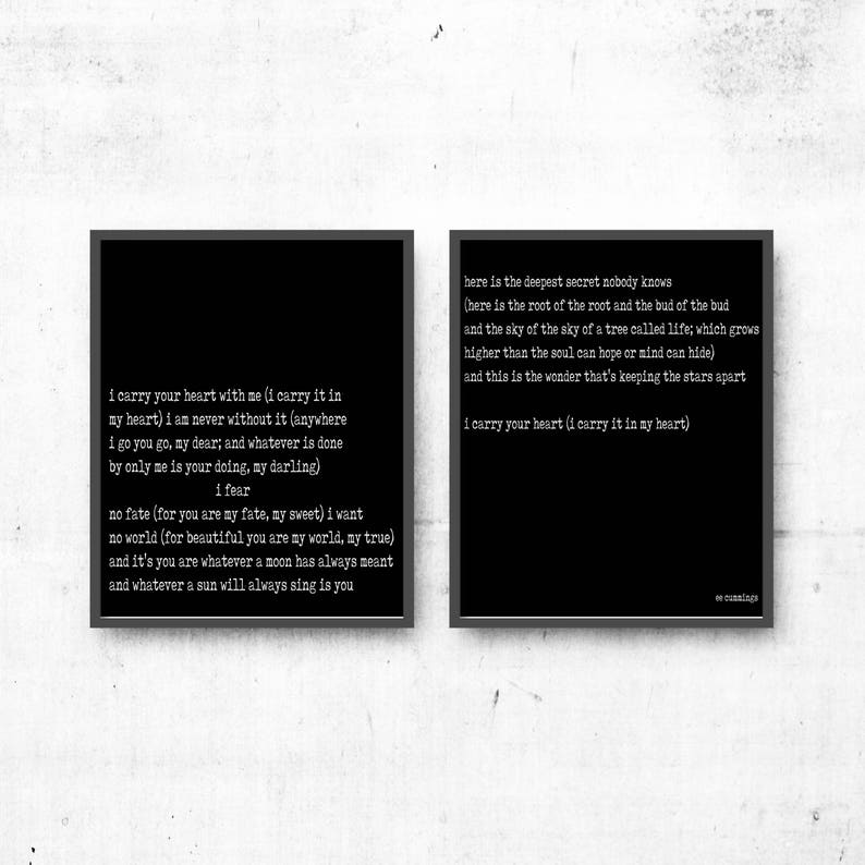 E.E. Cummings Poem Print Set I Carry Your Heart Romantic Poetry Wall Art, Literary Quote Prints, Wedding / Anniversary Gift, Framed Unframed