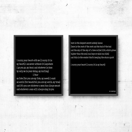 EE Cummings Print Set, i carry your heart, Two Print Poetry Wall Art