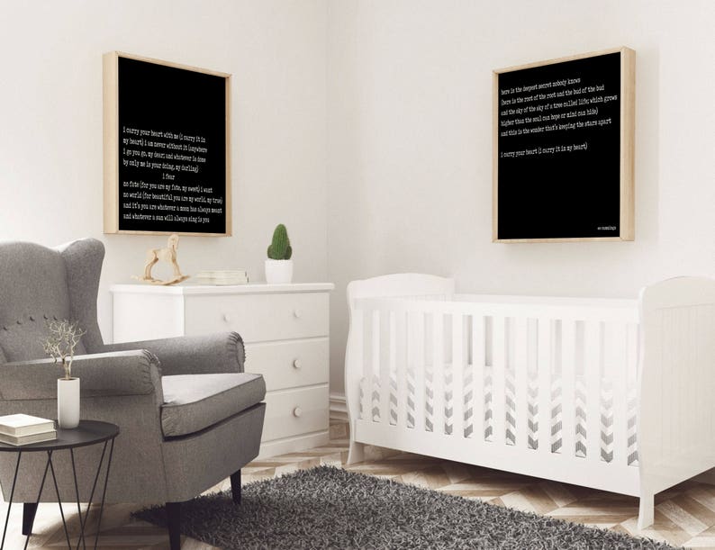 E.E. Cummings Poem Print Set I Carry Your Heart Romantic Poetry Wall Art, Literary Quote Prints, Wedding / Anniversary Gift, Framed Unframed