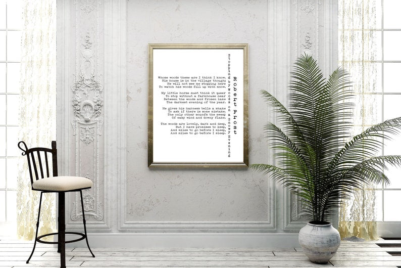 Robert Frost Stopping by Woods Poem Print, Literary Poetry Wall Art Black or White, Miles to Go Before I Sleep Quote Poster