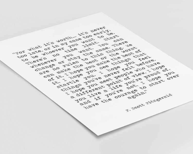 F Scott Fitzgerald For What It's Worth Quote Inspirational Print Gift, Typography Quote Print Unframed or Framed Art
