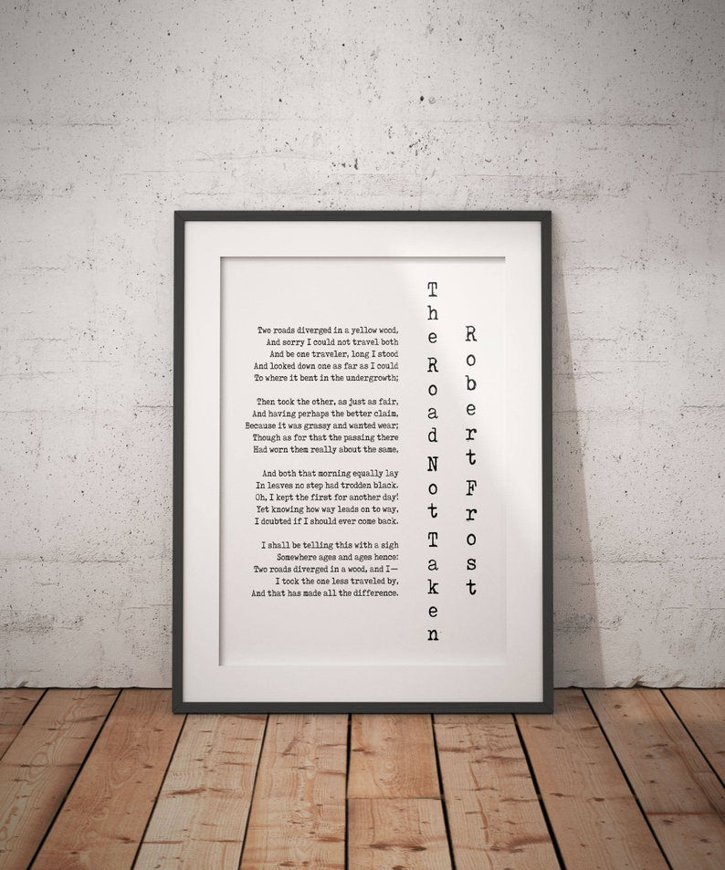 Robert Frost Road Not Taken Wall Art Print, Road Less Travelled Poem, Two Roads Diverged Literary Gifts