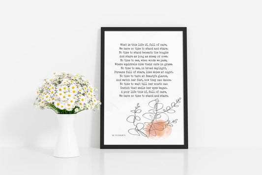 W. H. Davies Leisure Poem Print – “What is this life if, full of care” – Literary Wall Art with Minimalist Botanical Illustration