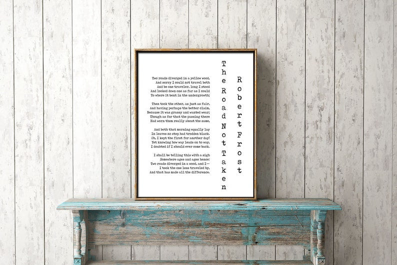 Robert Frost Road Not Taken Wall Art Print, Road Less Travelled Poem, Two Roads Diverged Literary Gifts