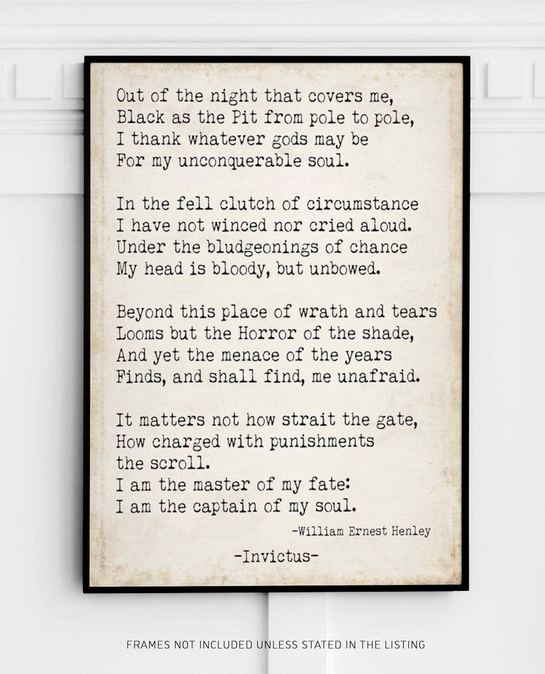 Invictus William Ernest Henley Print, I am the Master of my Fate , I am the captain of my soul Inspirational Vintage Look Art Print