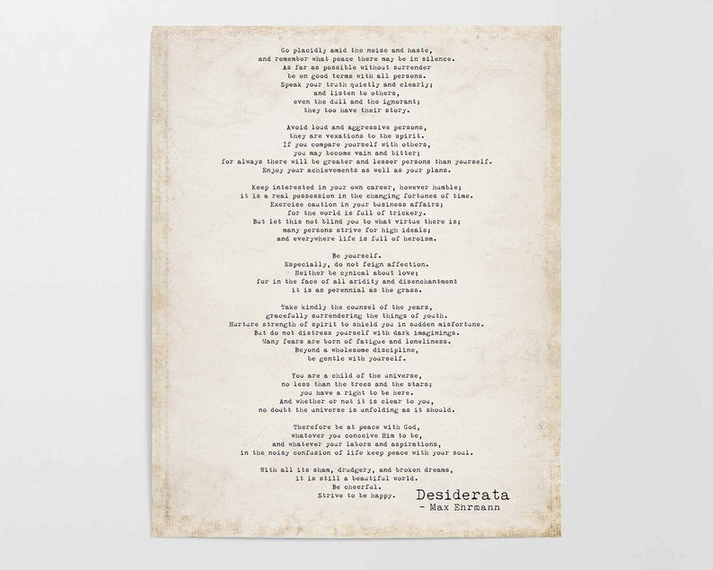 Poem Art Desiderata Print, Minimalist Poster, Max Ehrmann Literary Poster, Literary Quote Print, Motivational Poster Vintage Look Background