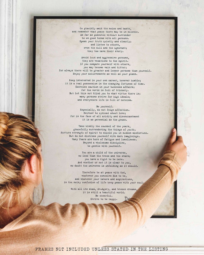 Poem Art Desiderata Print, Minimalist Poster, Max Ehrmann Literary Poster, Literary Quote Print, Motivational Poster Vintage Look Background