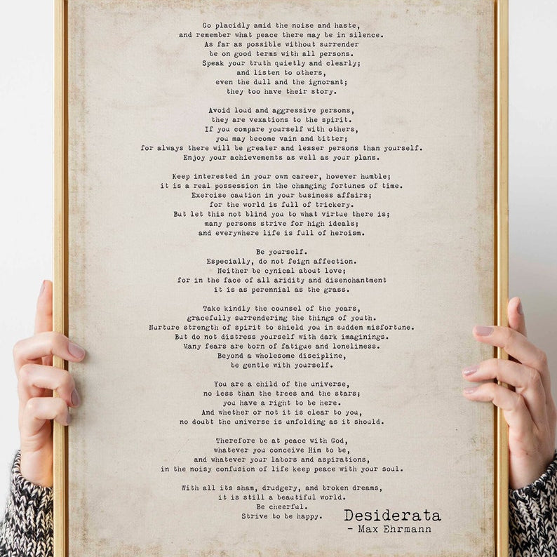 Poem Art Desiderata Print, Minimalist Poster, Max Ehrmann Literary Poster, Literary Quote Print, Motivational Poster Vintage Look Background