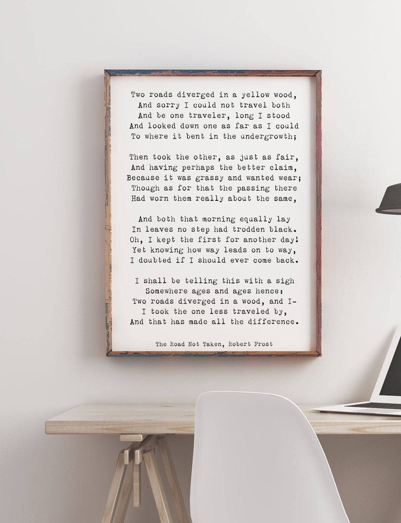 Robert Frost Poem Quote Print, The Road Not Taken Poem Poster, Two Roads Diverged Literary Gift Print, Yellow Wood Poetry Print