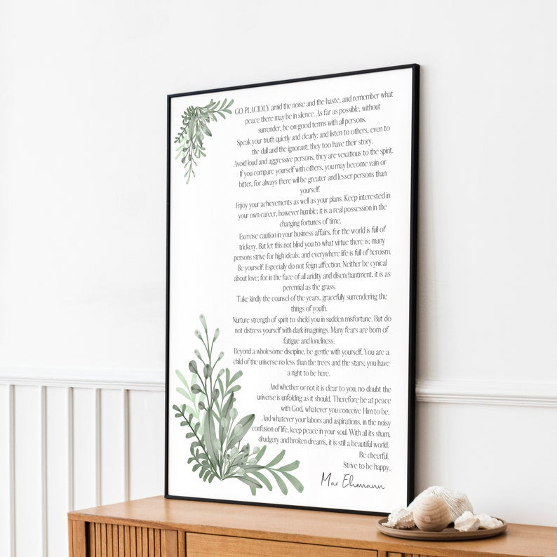 Desiderata Poem Print by Max Ehrmann - Inspirational Wall Art - Botanical Decor - Timeless Literary Quote