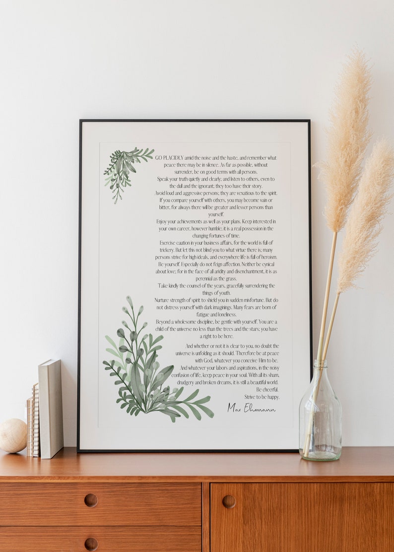 Desiderata Poem Print by Max Ehrmann - Inspirational Wall Art - Botanical Decor - Timeless Literary Quote
