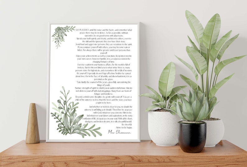 Desiderata Poem Print by Max Ehrmann - Inspirational Wall Art - Botanical Decor - Timeless Literary Quote
