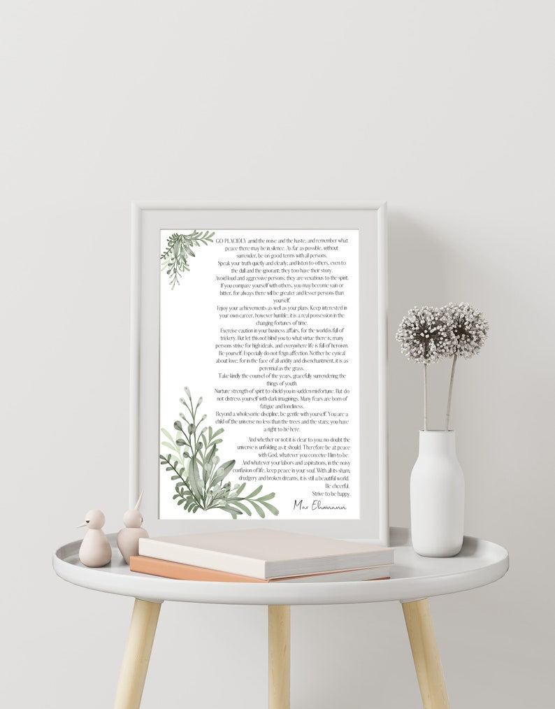 Desiderata Poem Print by Max Ehrmann - Inspirational Wall Art - Botanical Decor - Timeless Literary Quote