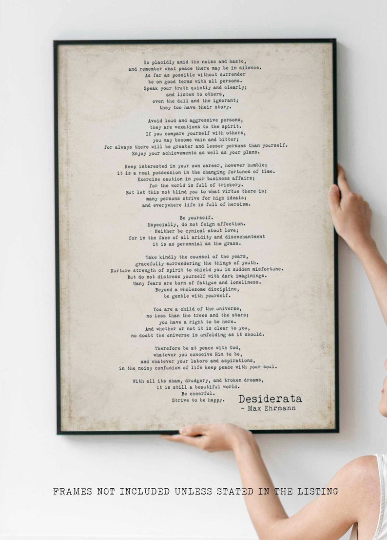 Poem Art Desiderata Print, Minimalist Poster, Max Ehrmann Literary Poster, Literary Quote Print, Motivational Poster Vintage Look Background