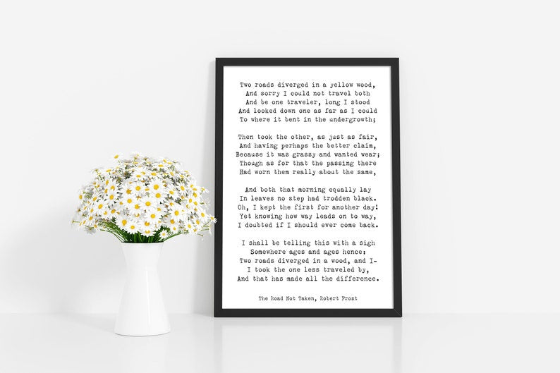 Robert Frost Poem Quote Print, The Road Not Taken Poem Poster, Two Roads Diverged Literary Gift Print, Yellow Wood Poetry Print
