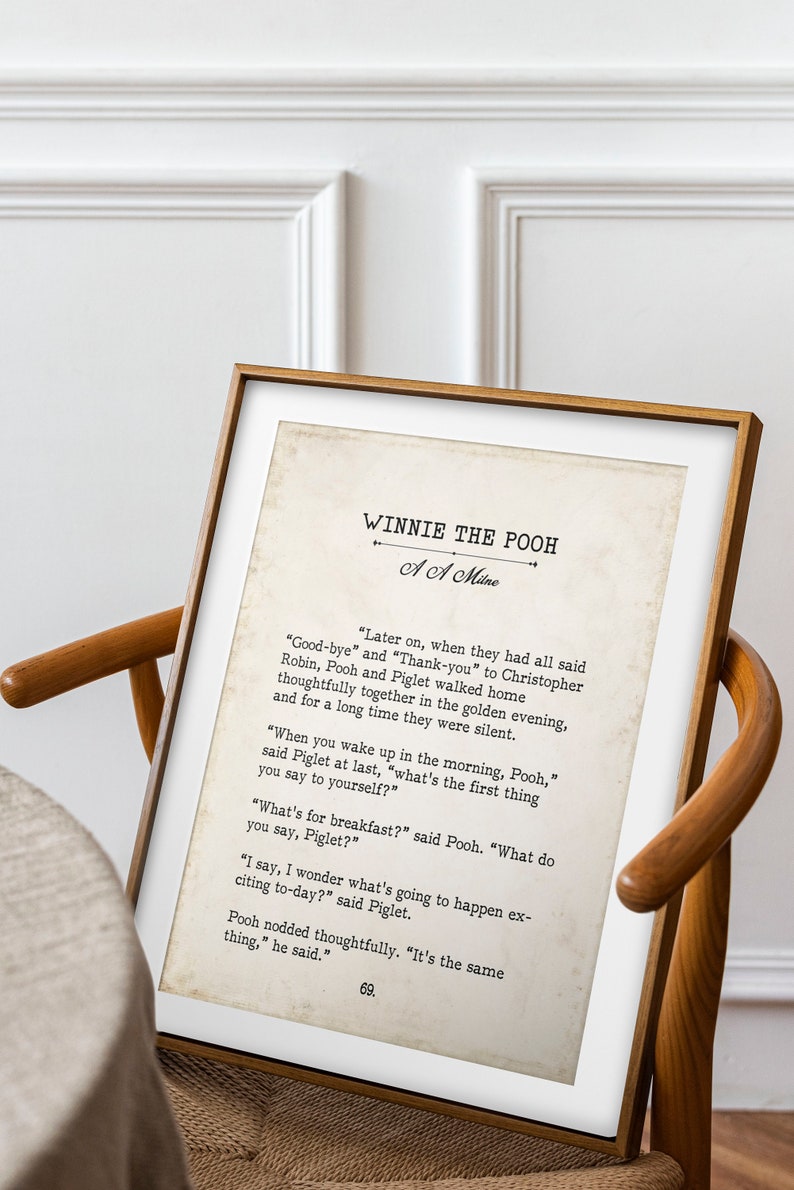 Winnie the Pooh Quote Book Page Inspirational Wall Art, A A Milne Vintage Style Print Decor, What's for breakfast? What do you say, Piglet?