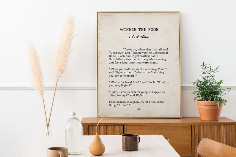Winnie the Pooh Quote Book Page Inspirational Wall Art, A A Milne Vintage Style Print Decor, What's for breakfast? What do you say, Piglet?