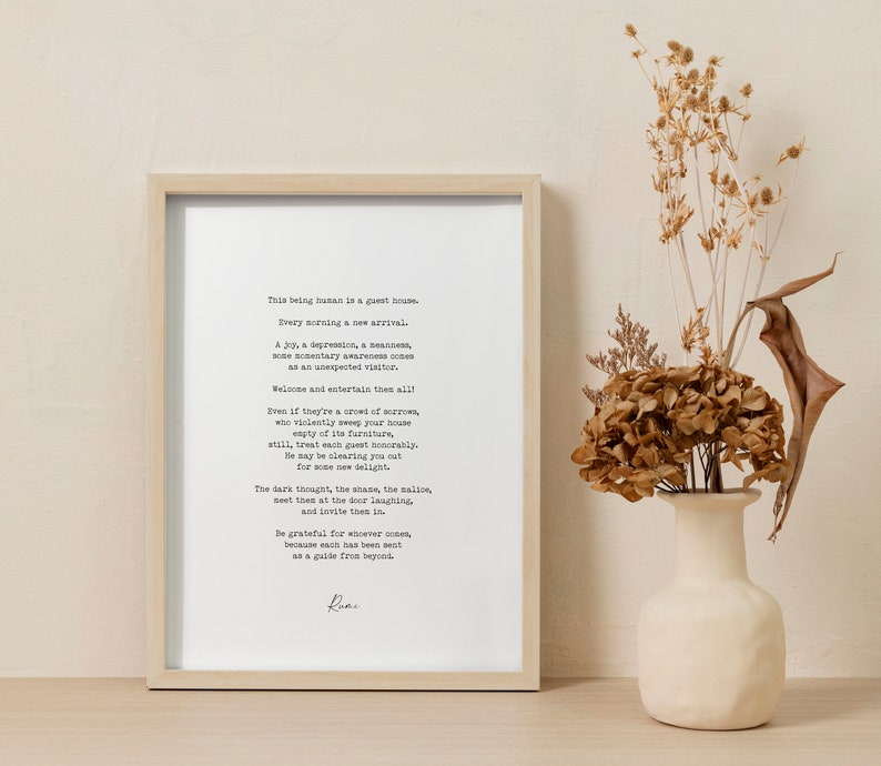 Rumi Inspirational Poetry Wall Art, Guesthouse Poem Minimalist Print Wall Decor, Guest House Print for Living Room or Bedroom Wall Art
