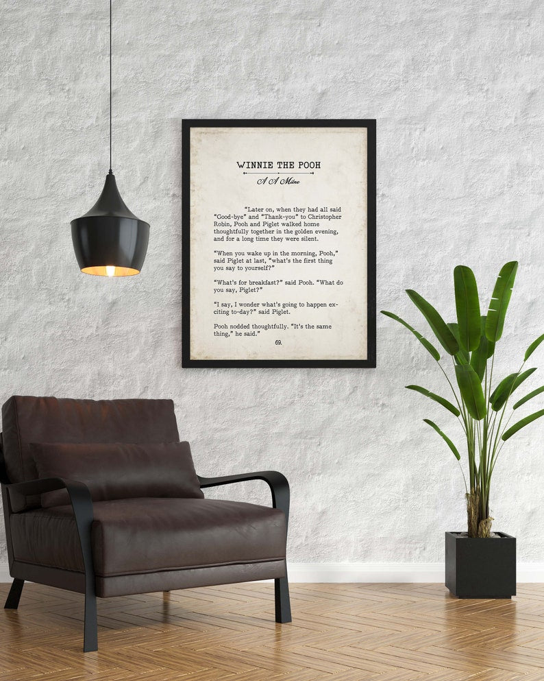 Winnie the Pooh Quote Book Page Inspirational Wall Art, A A Milne Vintage Style Print Decor, What's for breakfast? What do you say, Piglet?