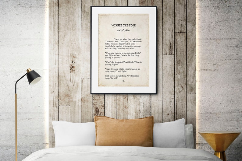 Winnie the Pooh Quote Book Page Inspirational Wall Art, A A Milne Vintage Style Print Decor, What's for breakfast? What do you say, Piglet?
