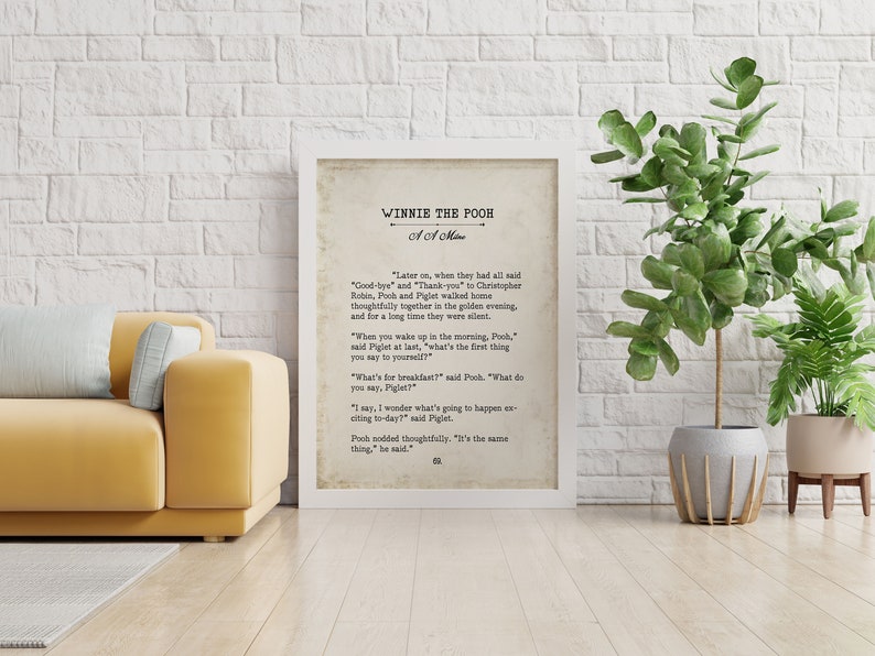 Winnie the Pooh Quote Book Page Inspirational Wall Art, A A Milne Vintage Style Print Decor, What's for breakfast? What do you say, Piglet?